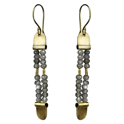 Rail Earring, Brass, Grey Moonstone