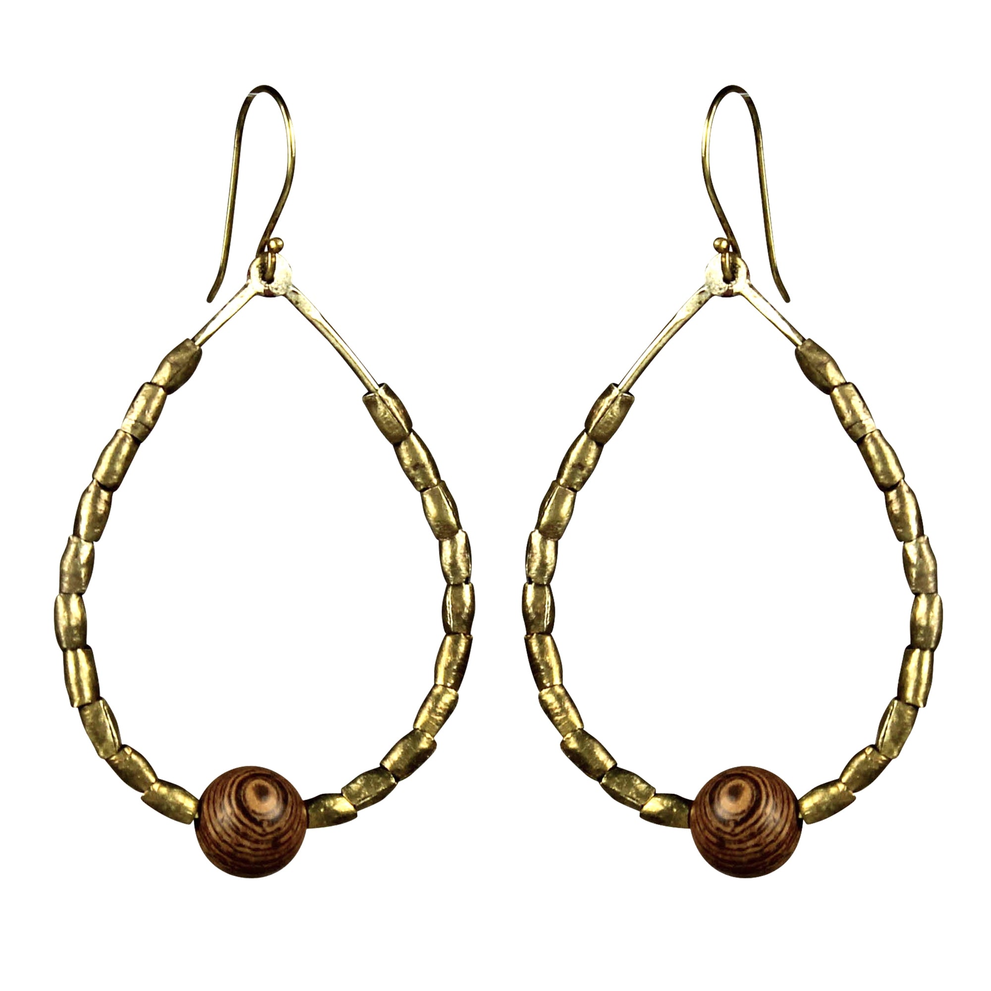 Earring with Stacked Brass, Wood Bead