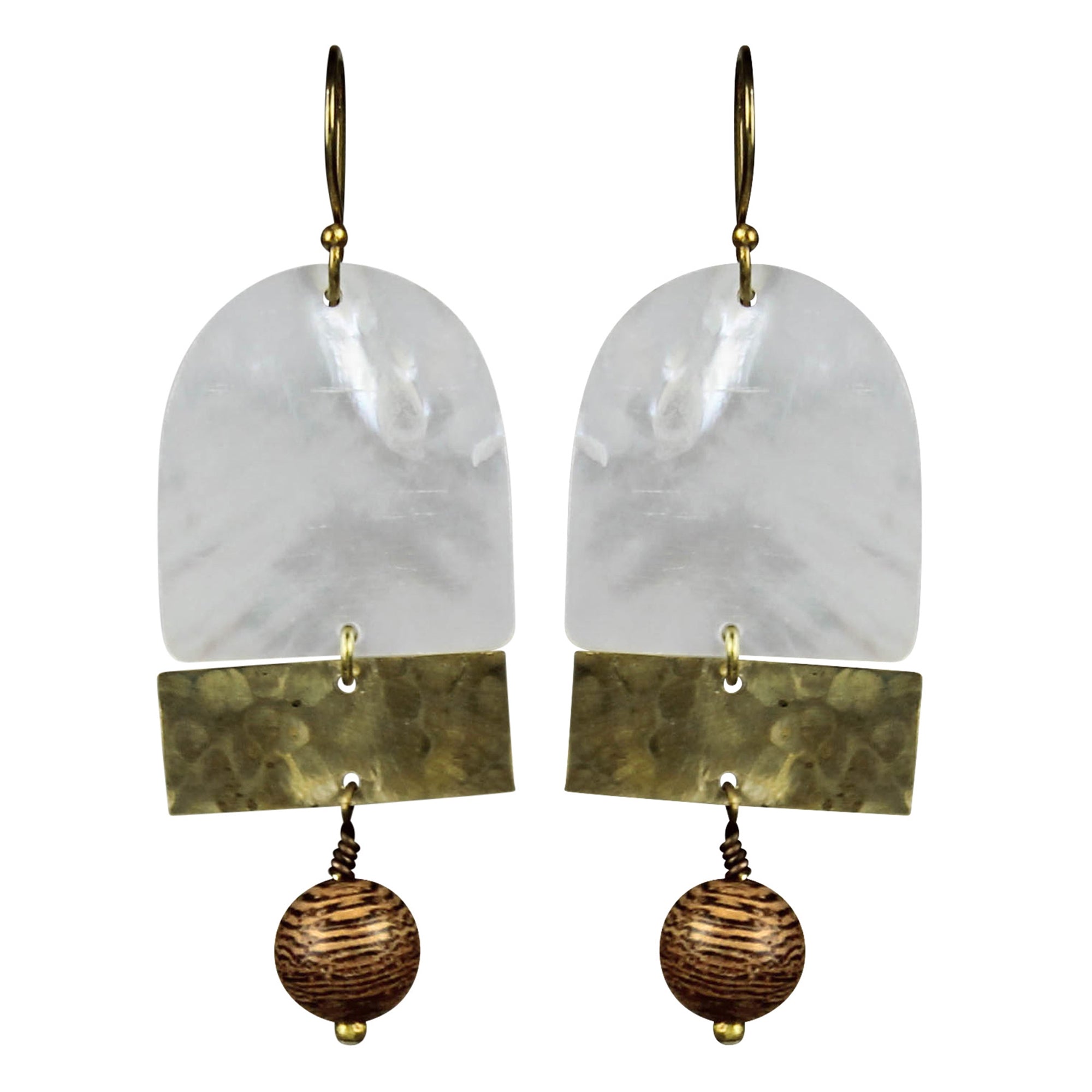 Earring, MOP, Brass & Wood Bead