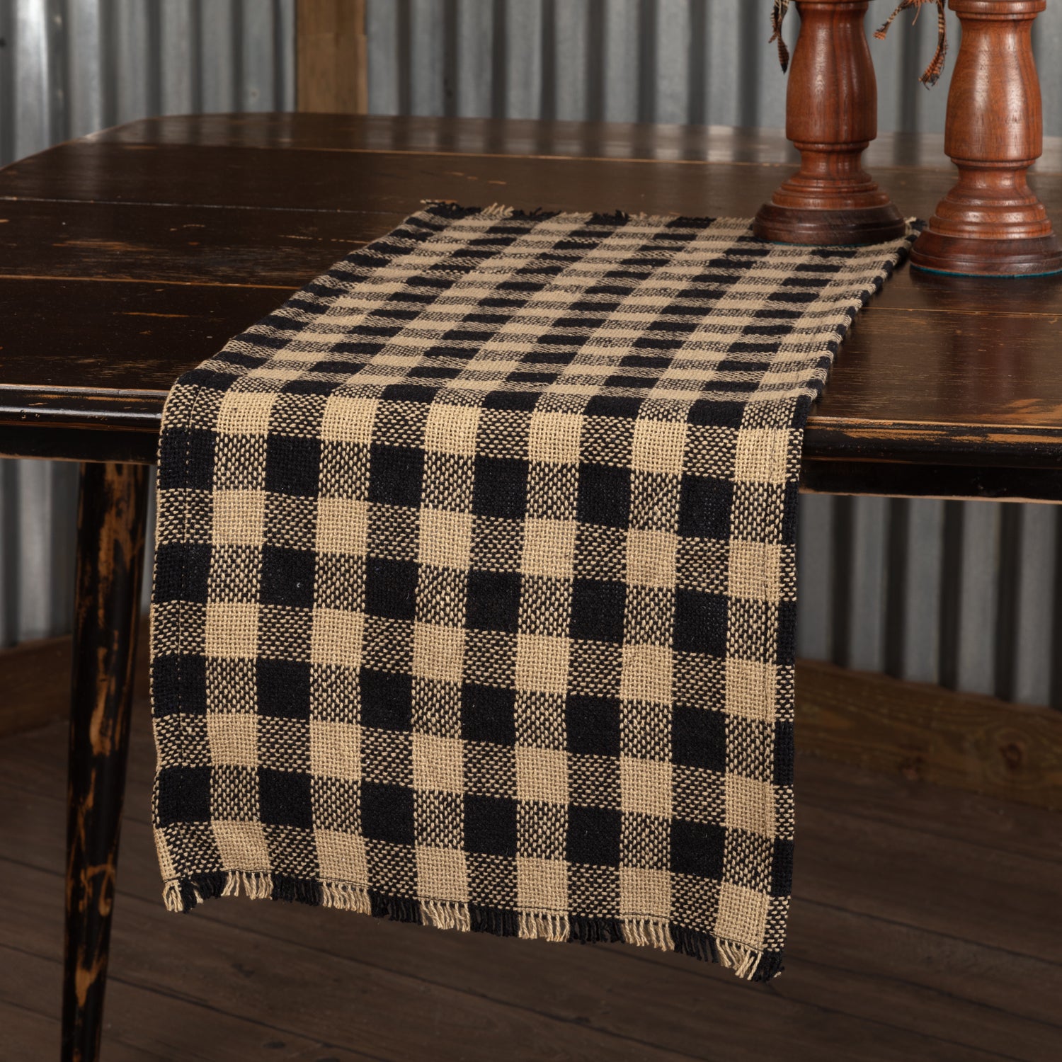 Burlap Black Check Runner Fringed