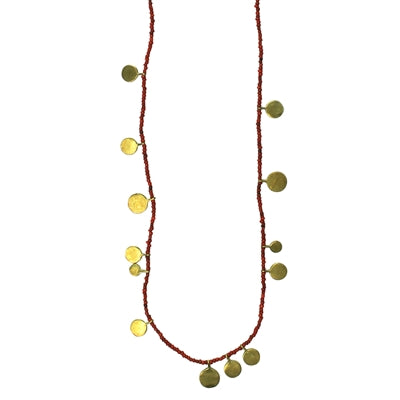 Necklace, Brass Tabs on Red Beads