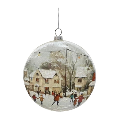 Ice Skaters Disc Ornament 5”H Glass