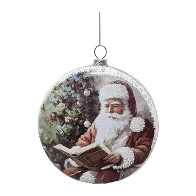 Santa Reading Disc Ornament 5”H Glass