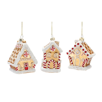 Gingerbread House Ornament (S/3) 4.5"H, 5"H Glass