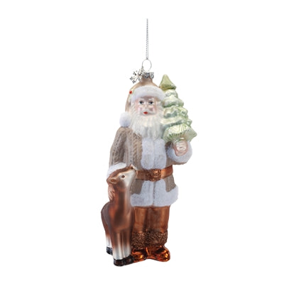 Santa w/Tree and Deer Ornament 7”H Glass
