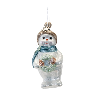 Snowman w/Wreath Ornament 4.75”H Glass