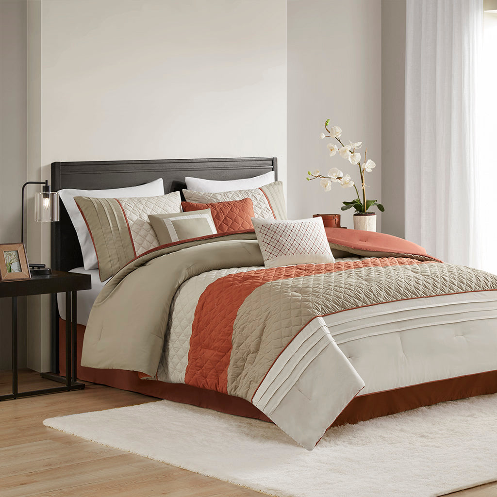 Greer 7 Piece Color Block Stripe Comforter Set with Throw Pillows