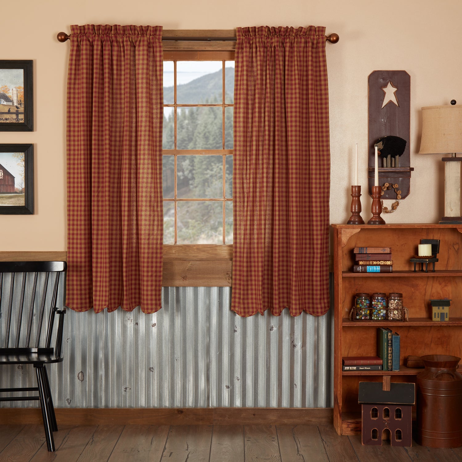 Burgundy Check Scalloped Short Panel Set of 2