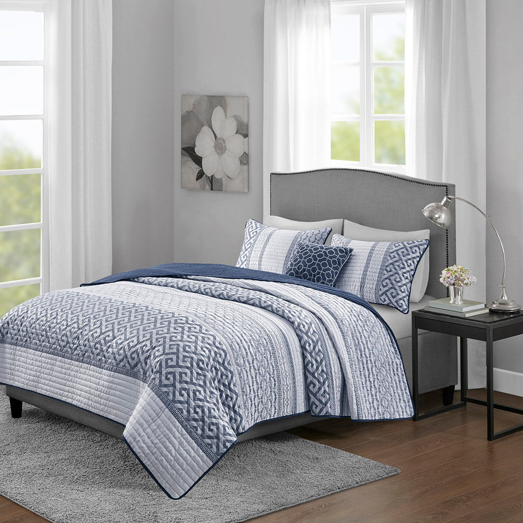 Bennett 3 Piece Printed Color Blocking Microfiber Quilt Set
