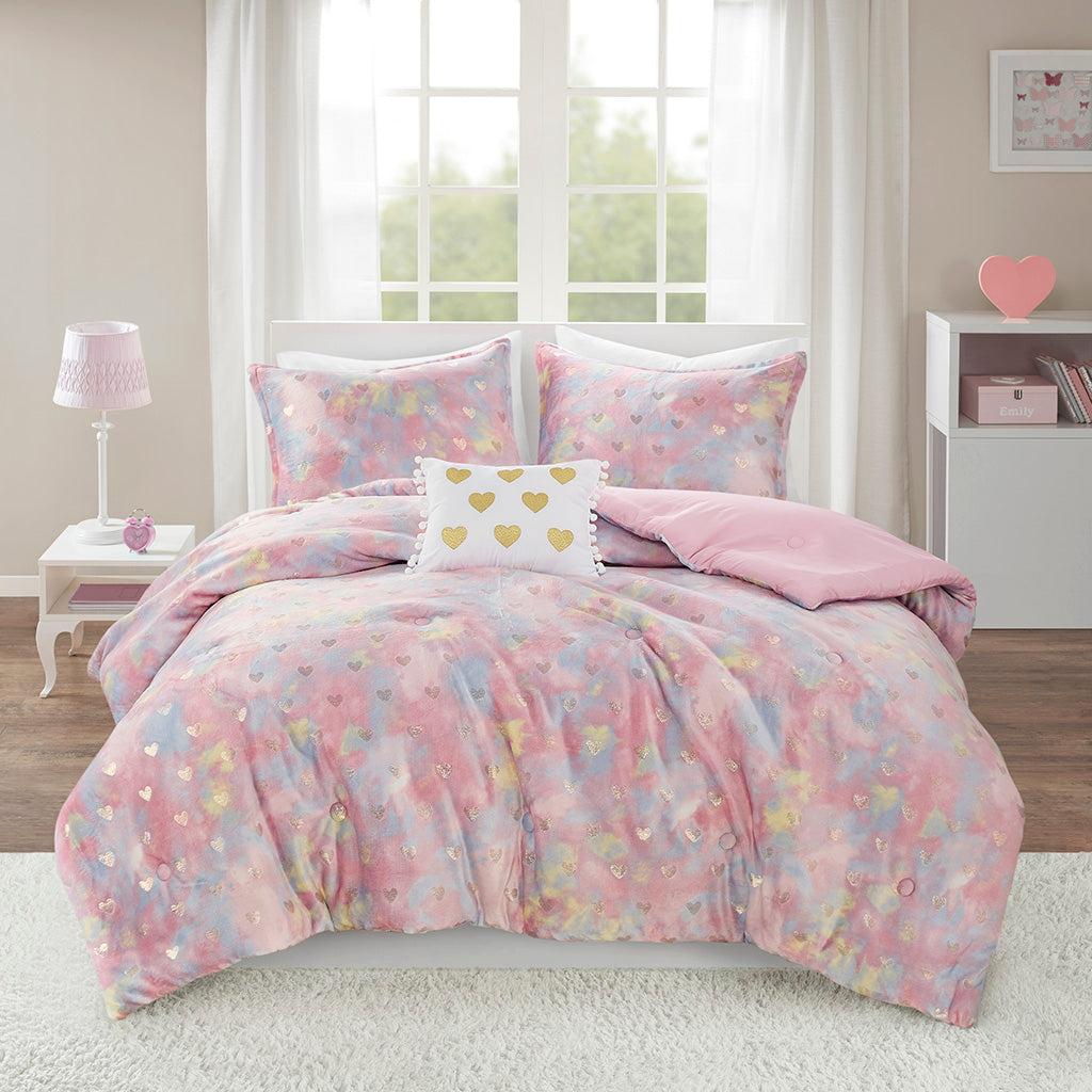Rosalie Metallic Printed Plush Comforter Set with Throw Pillow