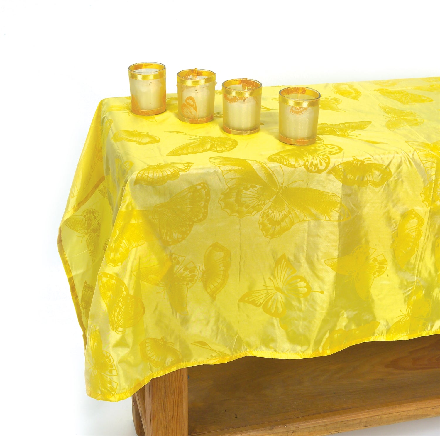 Butterfly Pattern Tablecloth w/4 Candle Holders (Boxed Set) 54"SQ, 3.5"H Satin/Glass