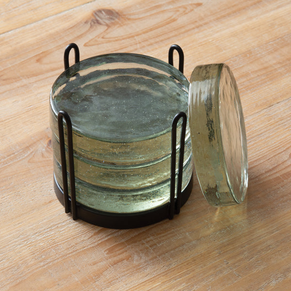 Set of Four Blocked Glass Coasters & Caddy