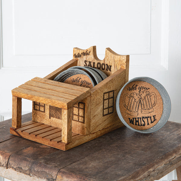 Wild West Saloon Coaster Caddy with Four Western Mason Jar Lid Coasters