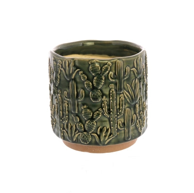 Cactus Motif Cachepot, Ceramic - Sm - Green