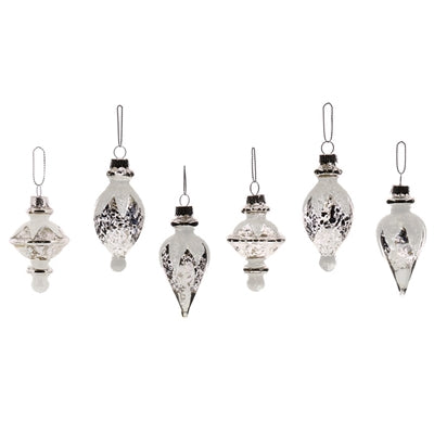 Classic Glass Ornaments - Set of 6, Assorted - Antique Silver Glittered