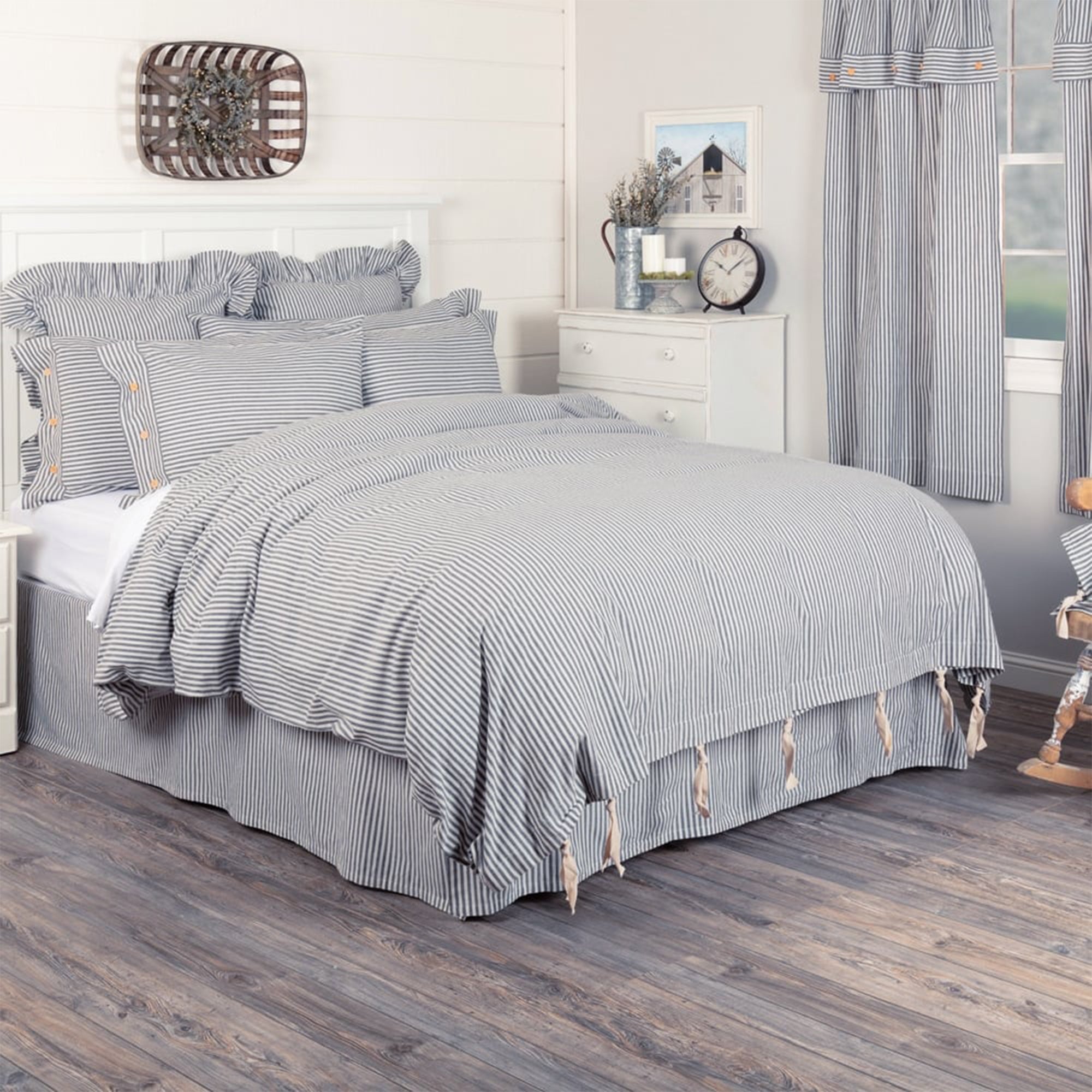 Farmhouse Ticking Blue Queen Duvet Cover