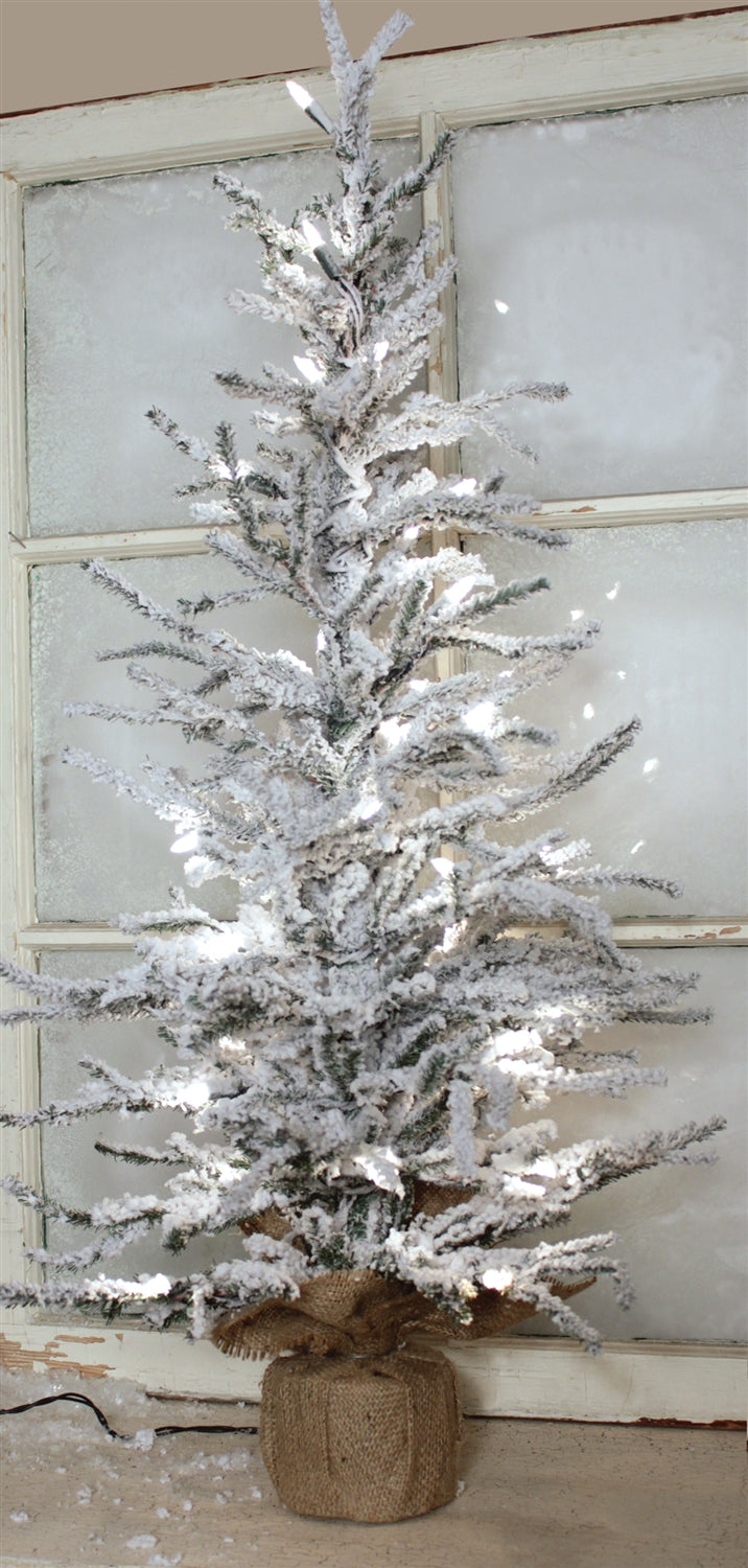 Flocked Tree w/Burlap Base 35 Clear Bright Lights 37”H PVC/Metal/Burlap (UL Plug Included)