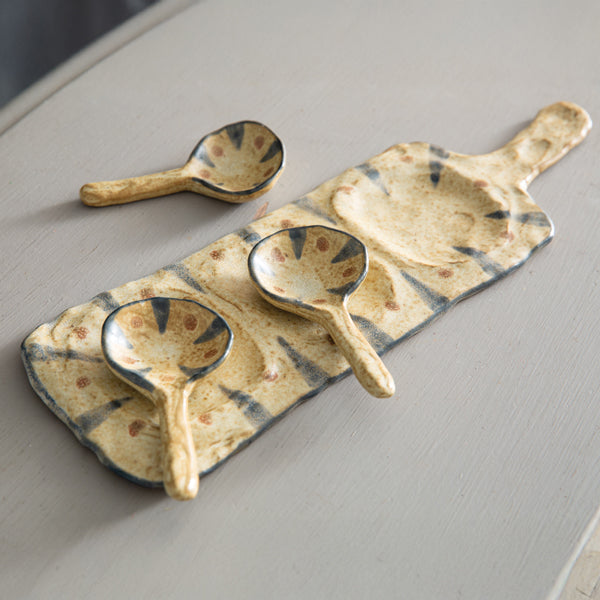 Set of Three Pottery Dipping Spoons with Rest