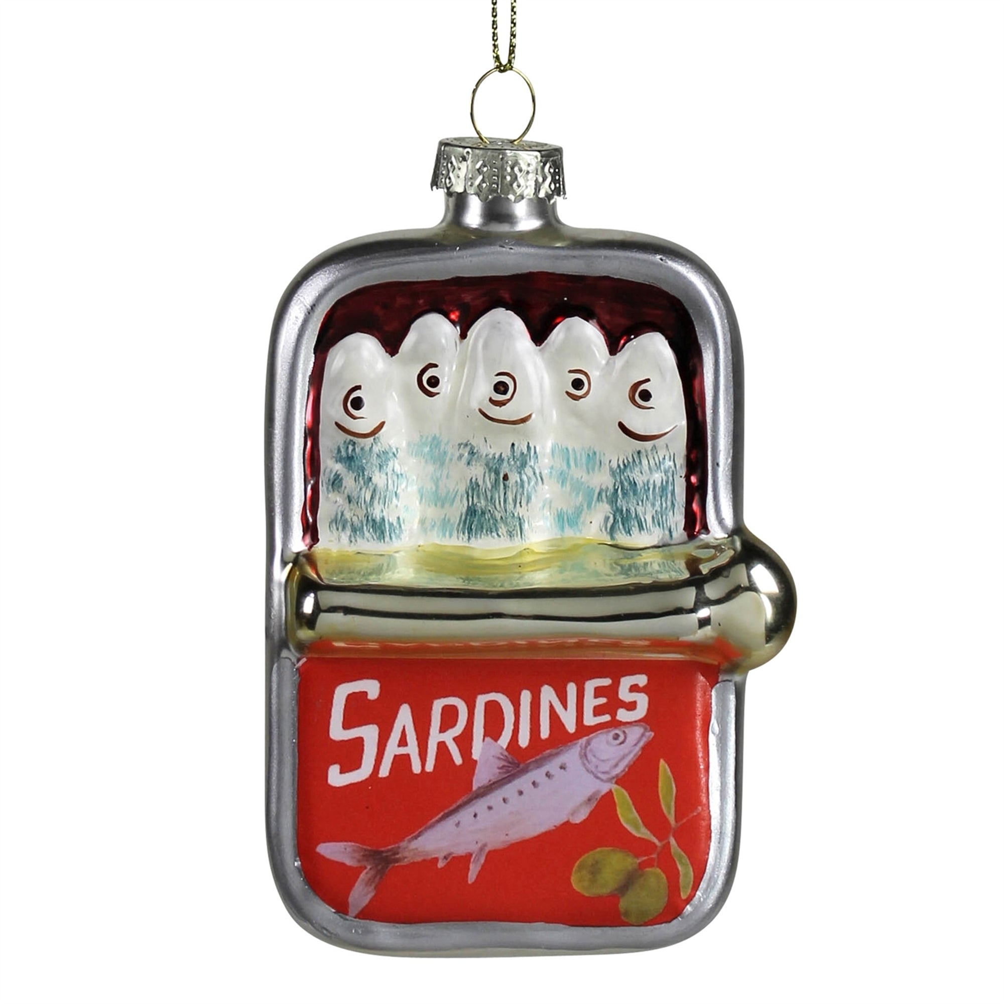 Red Sardine Can Ornament, Glass
