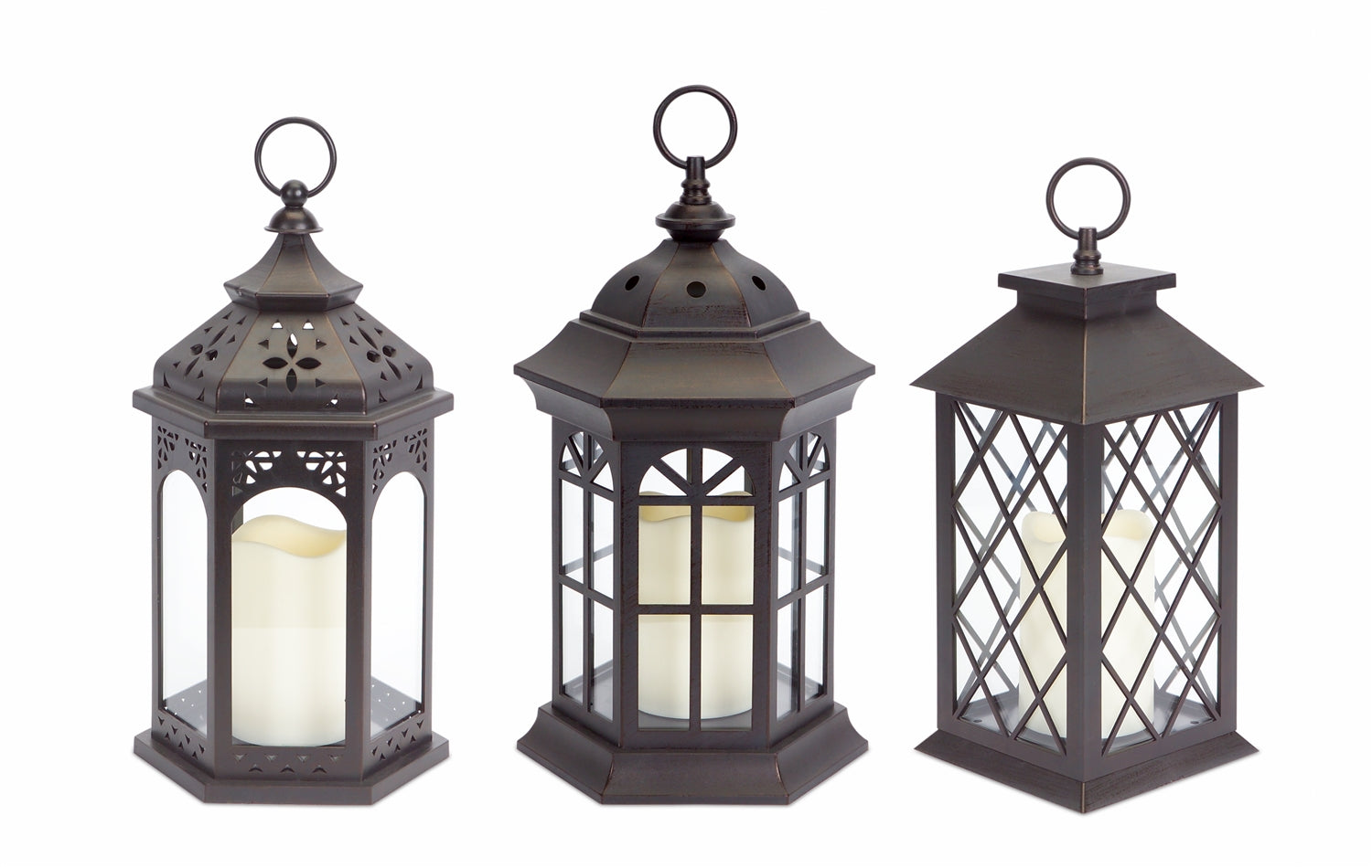 Lanterns w/LED Candle (3 Asst) w/6 Hour Timer 13”H /Glass