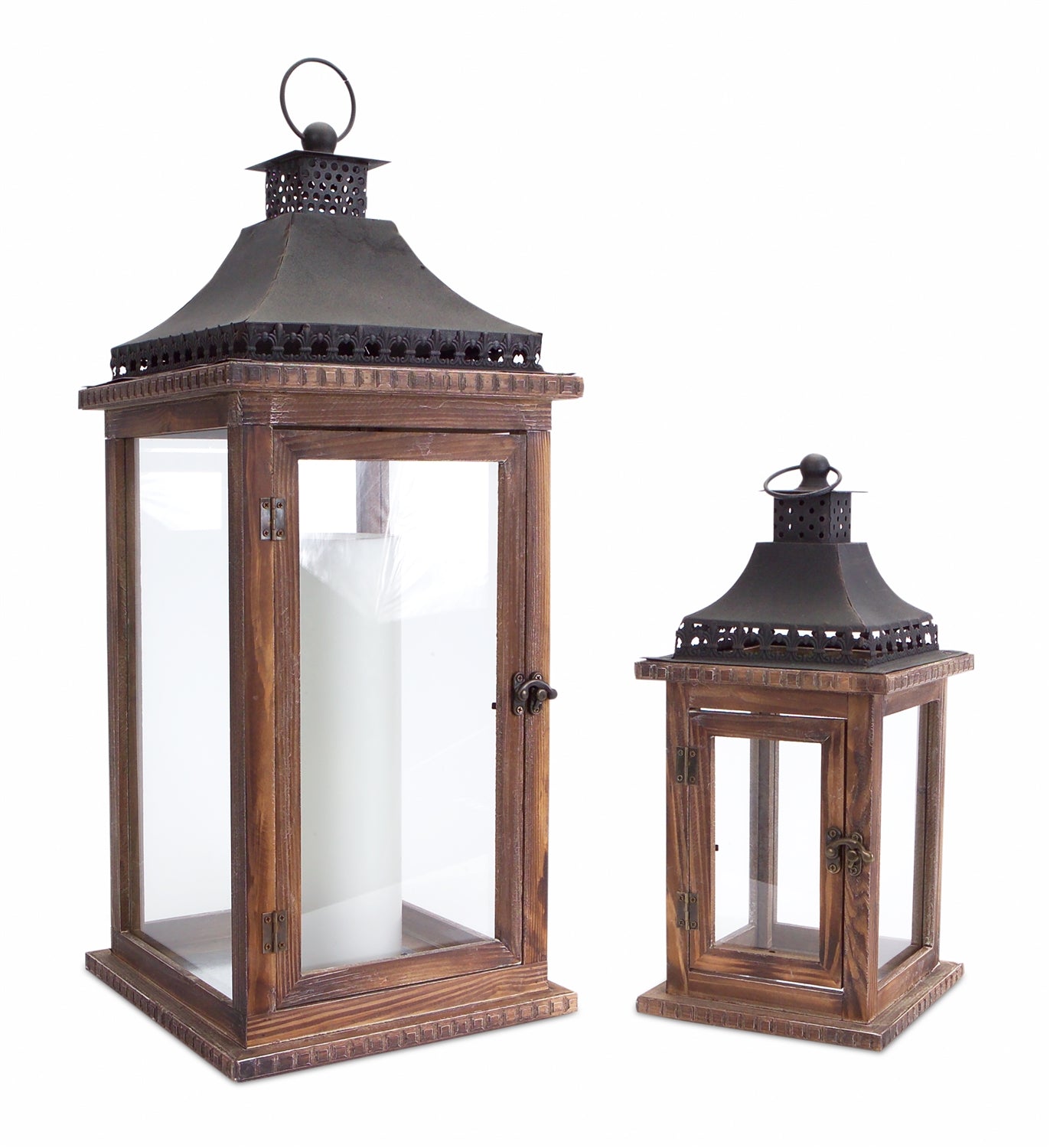 Lantern (Set of 2) 14"H, 23"H Wood/Iron/Glass