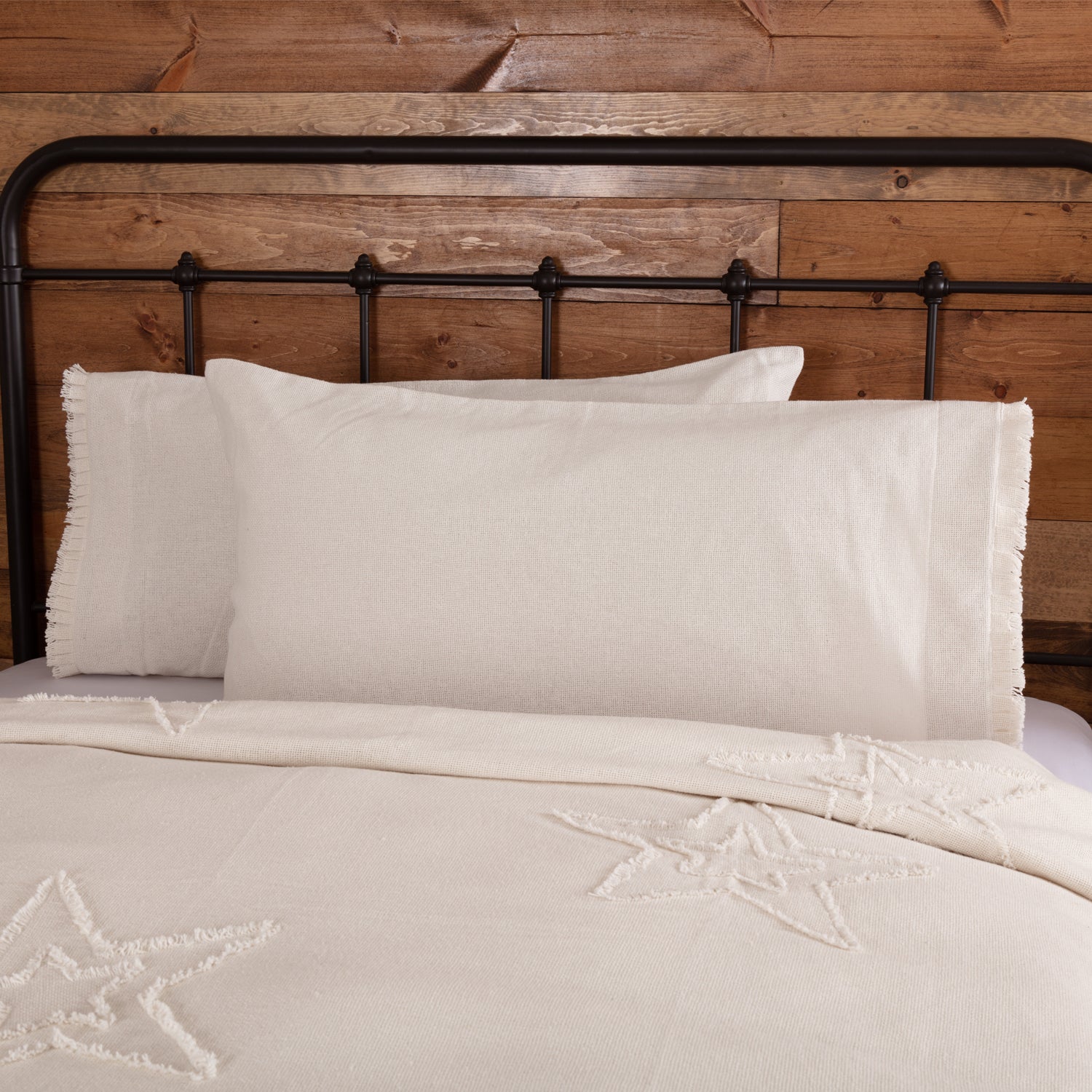 Burlap Antique White King Pillow Case w/ Fringed Ruffle Set of 2