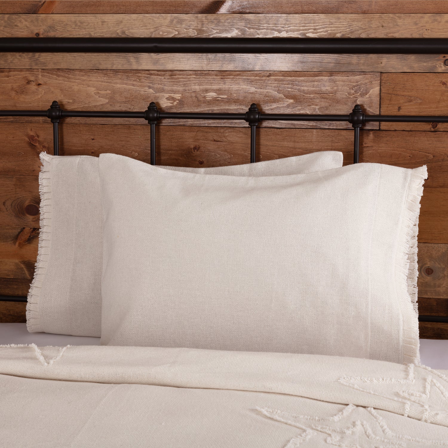 Burlap Antique White Standard Pillow Case w/ Fringed Ruffle Set of 2