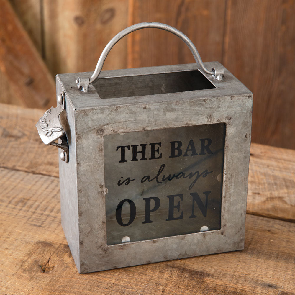 Industrial "The Bar Is Always Open" Galvanized Bottle Opener Bin