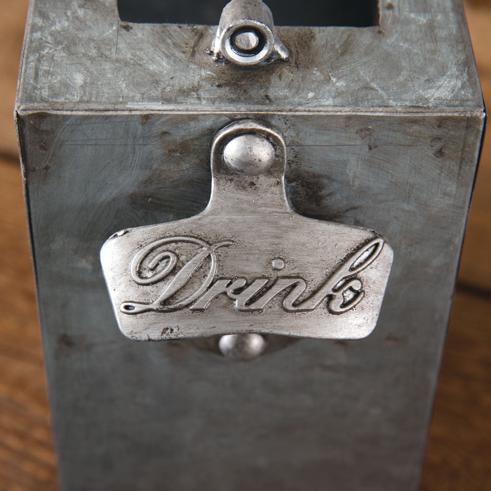 Industrial "The Bar Is Always Open" Galvanized Bottle Opener Bin