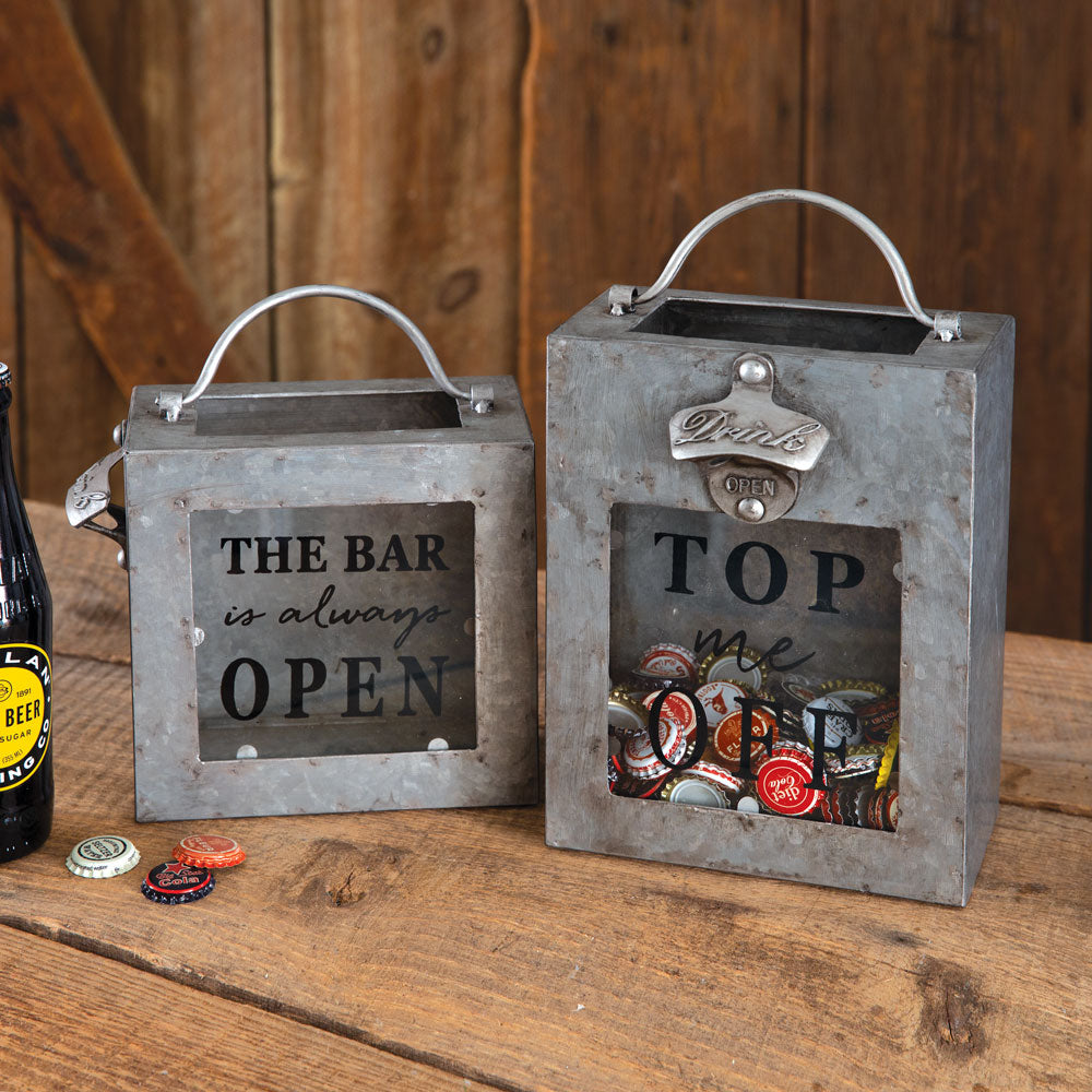 Industrial "The Bar Is Always Open" Galvanized Bottle Opener Bin