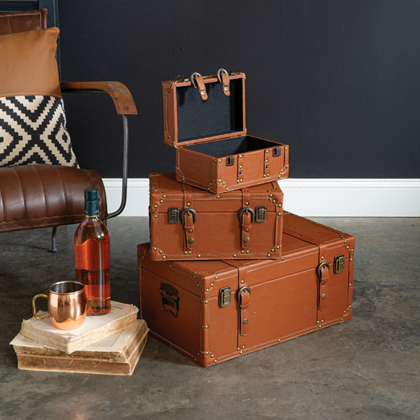 Set of Three Decorative Leather Trunks