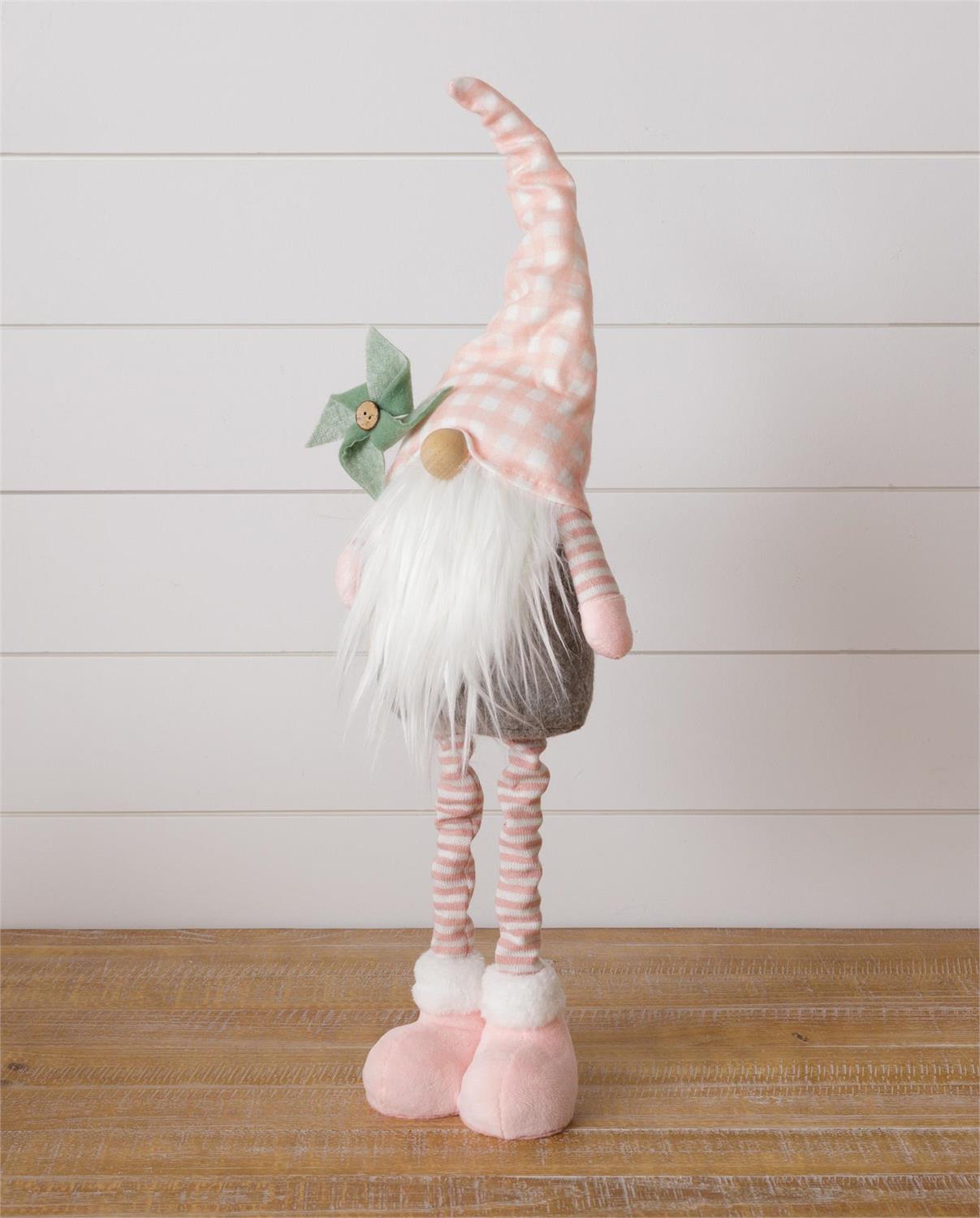 Standing Gnome - Pink Hat And Striped Legs, Holding Pinwheel