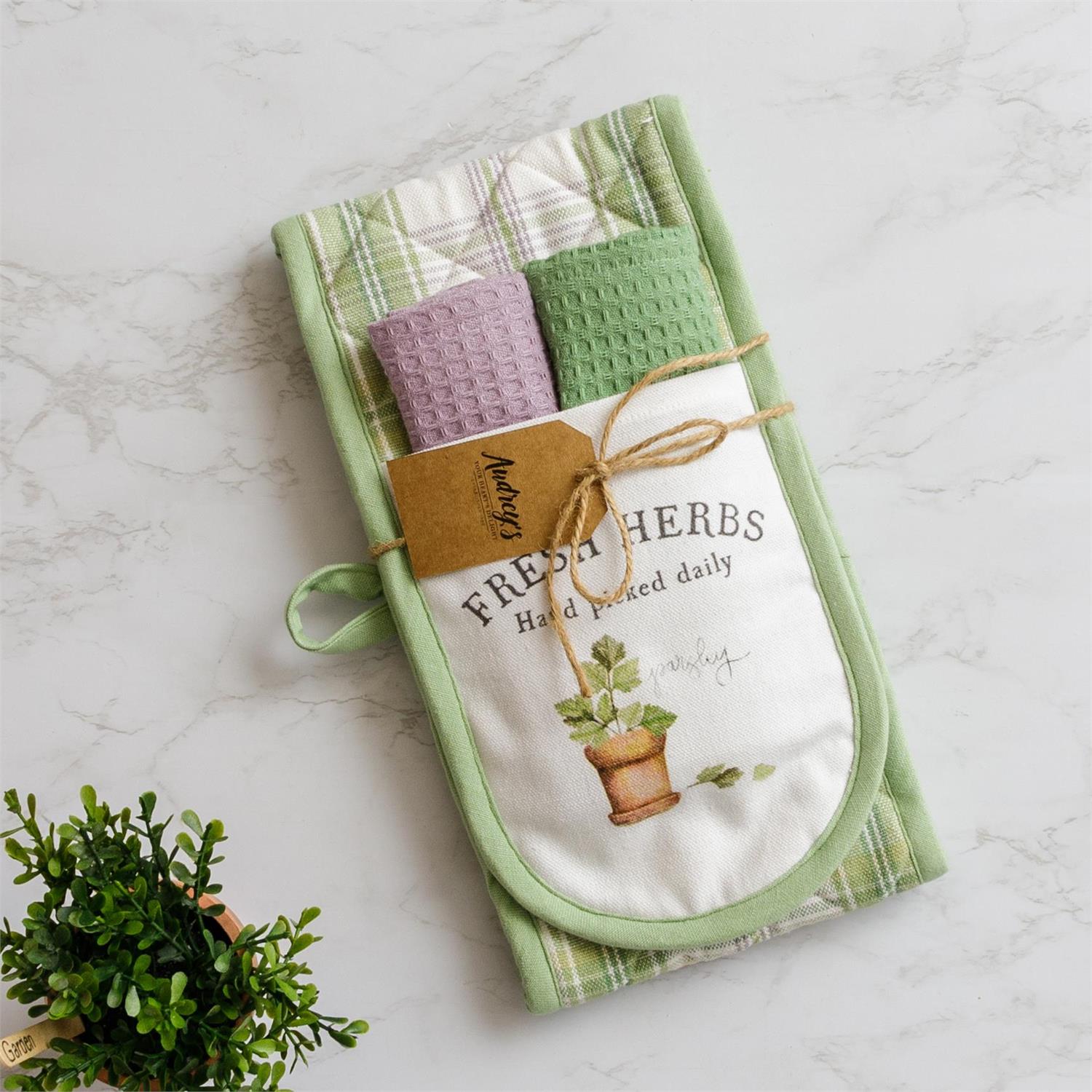 Double Oven Mitt Gift Set With Dish Cloths - Fresh Herbs