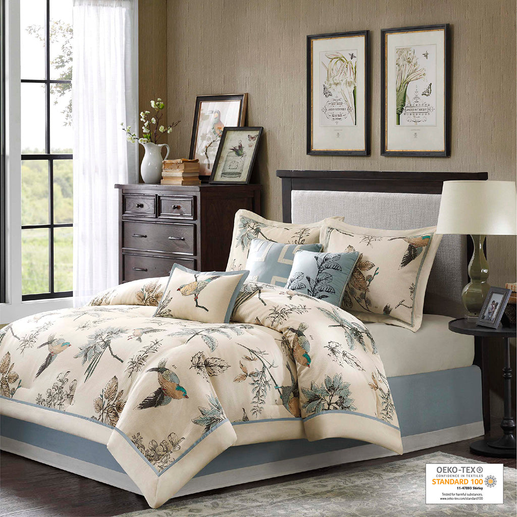 Quincy 7 Piece Flocking Comforter Set with Euro Shams and Throw Pillows