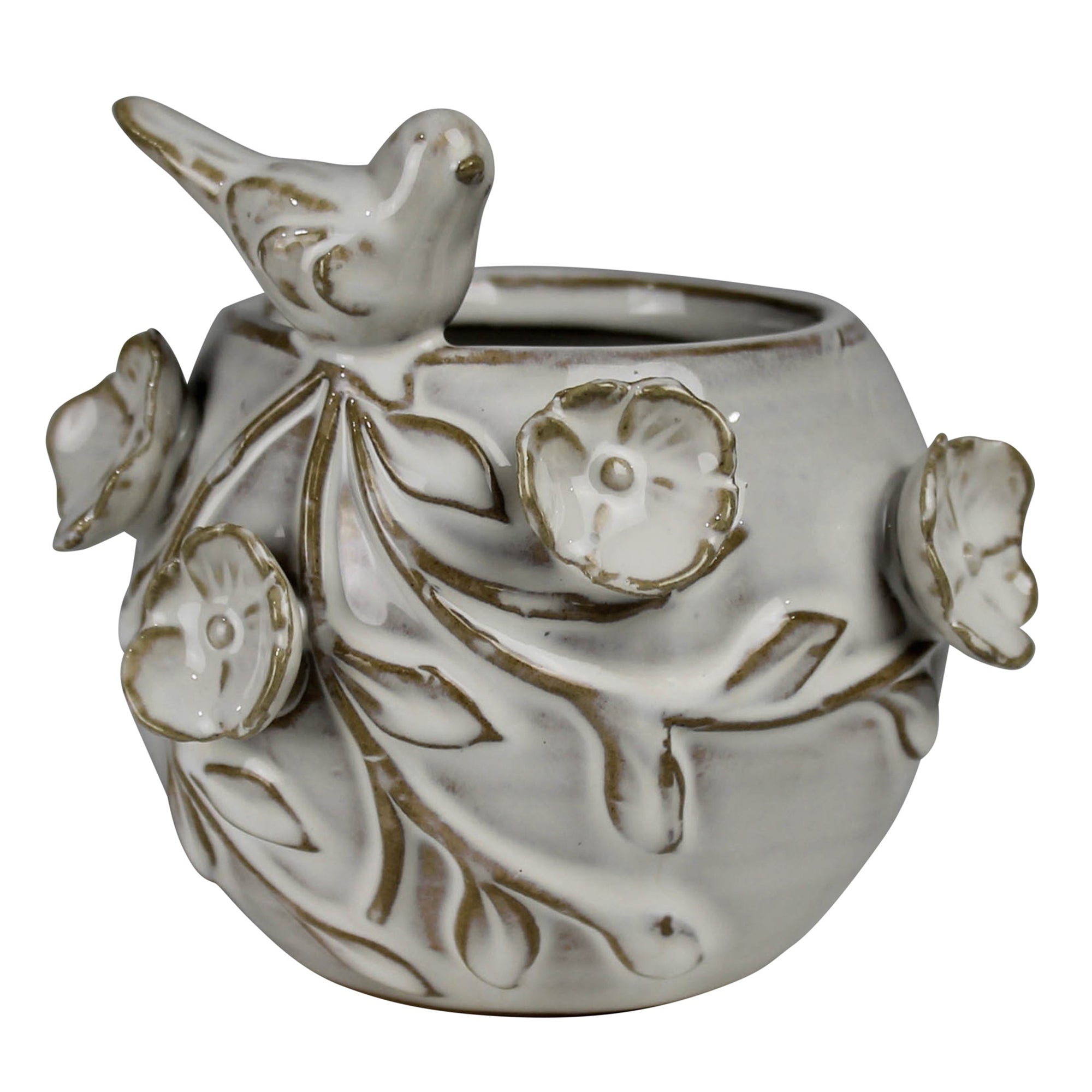 Vase with Flowers & Bird, Ceramic