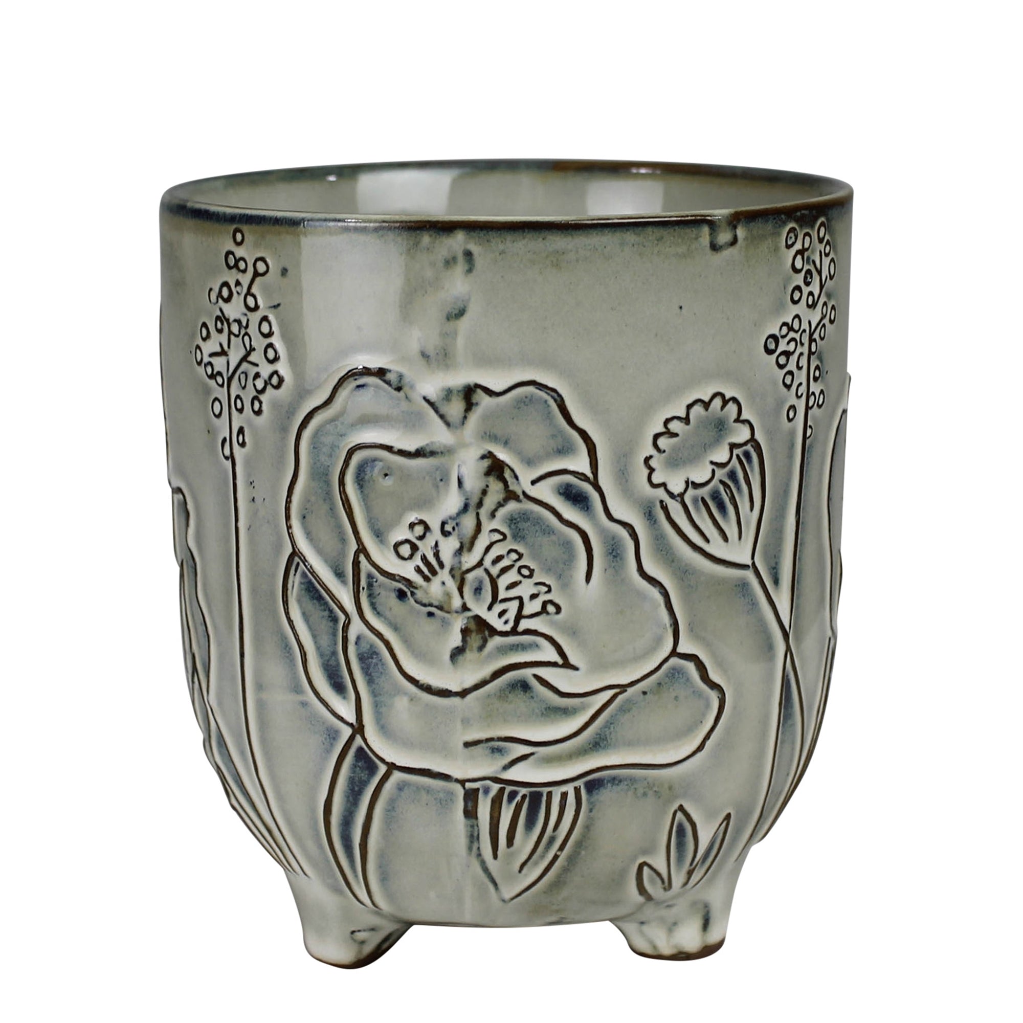 Cachepot with Floral, Ceramic - 4”