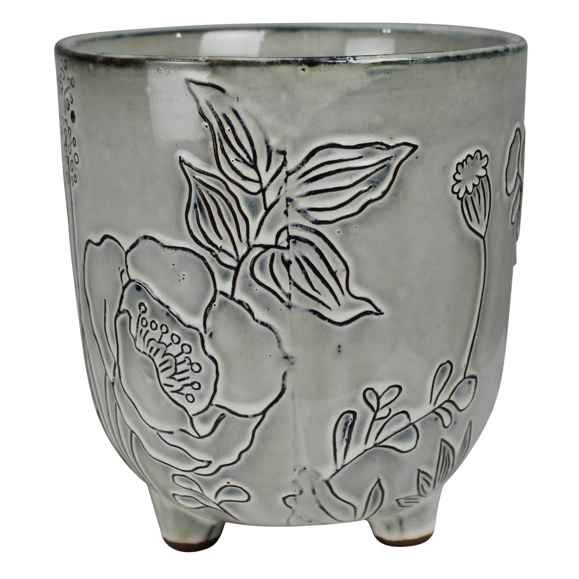 Cachepot with Floral, Ceramic - 6”