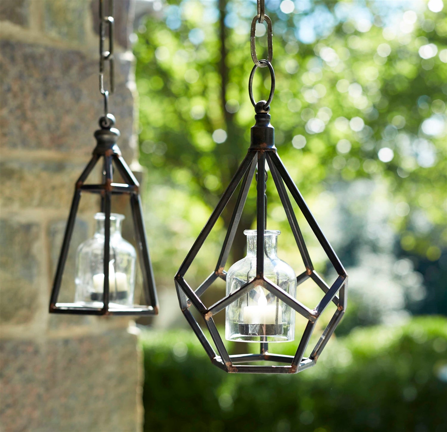Hanging Tea Light Holder (Set of 2) 10.5"H, 12"H Metal/Glass