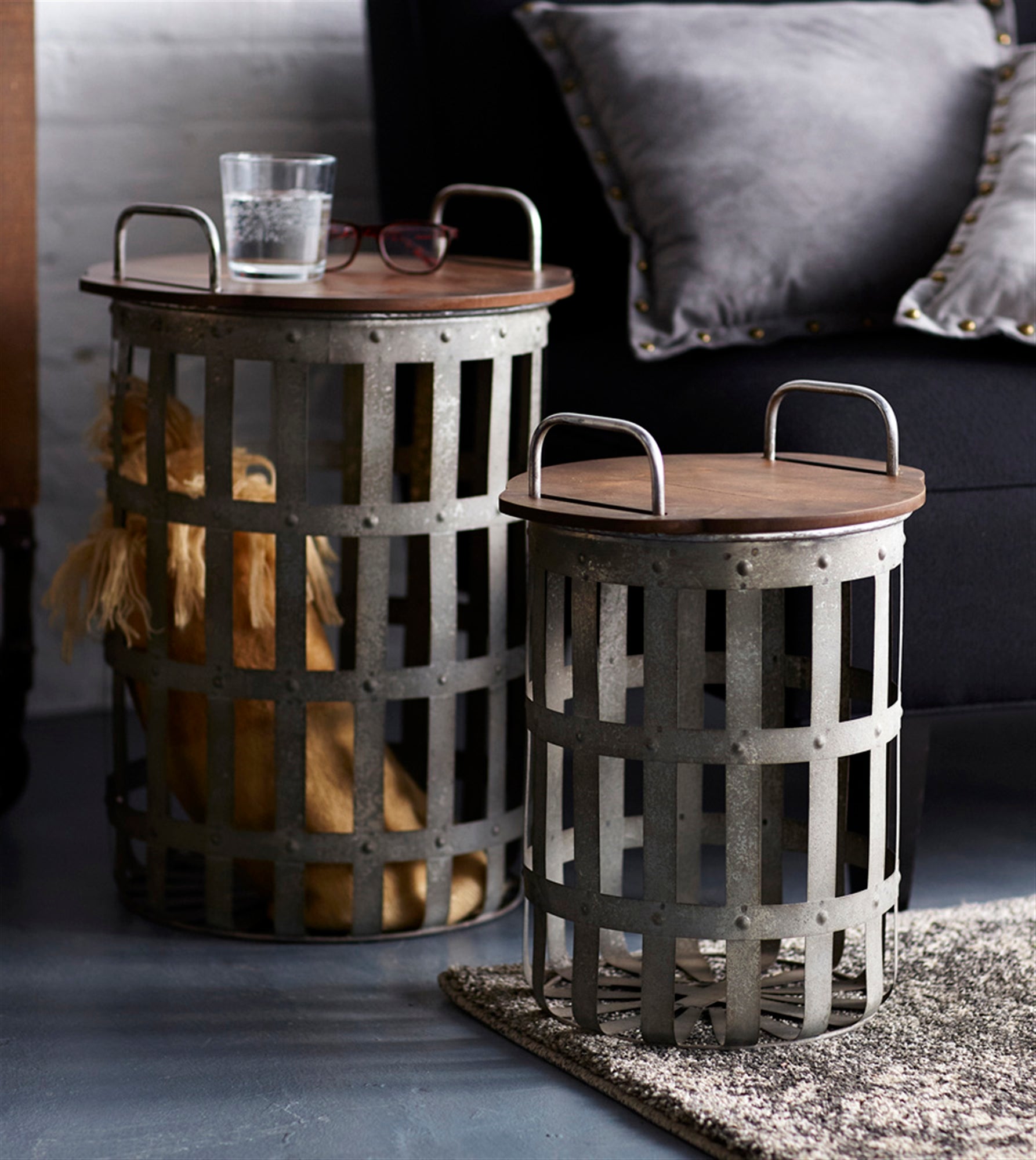 Side Tables (Set of 2) 11"D x 15.5"H, 13.5"D x 20.25"H Metal/Wood