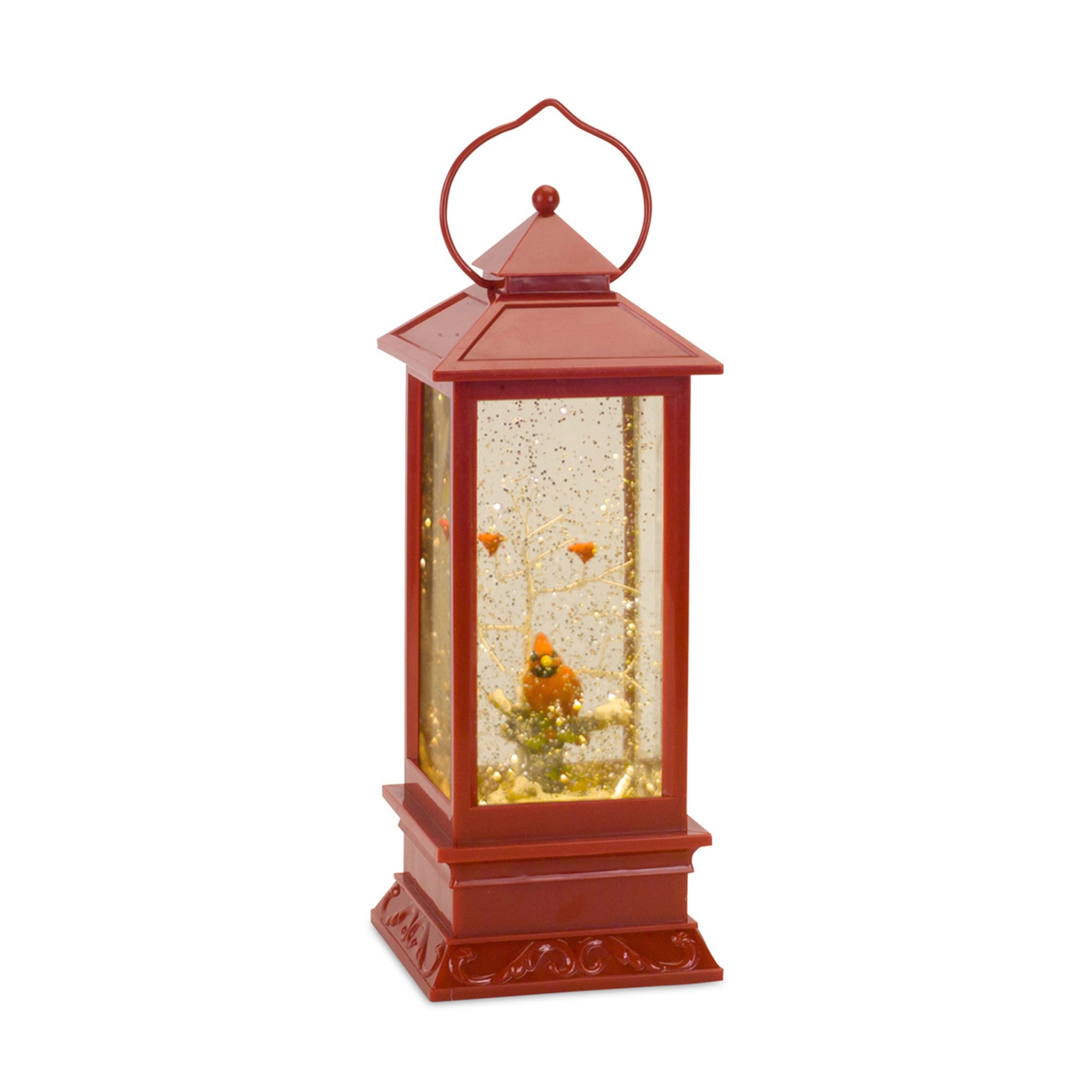 LED Lighted Snow Globe Cardinals Lantern w/6 Hr Timer 4"SQ x 11"H  (Requires 3 C Batteries, N