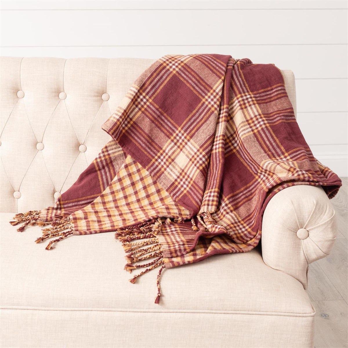 Reversible Burgundy & Mustard Plaid Throw