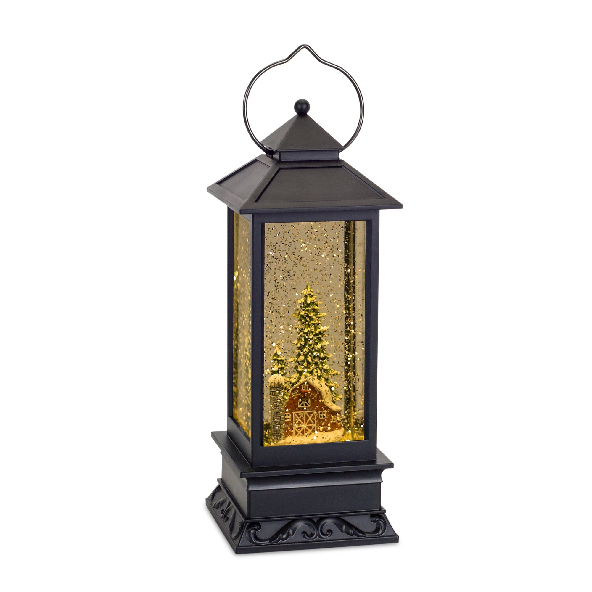 LED Lantern Snow Globe w/Barn w/6 Hr Timer 10.75”H  (Requires 3 C Batteries, Not Included or