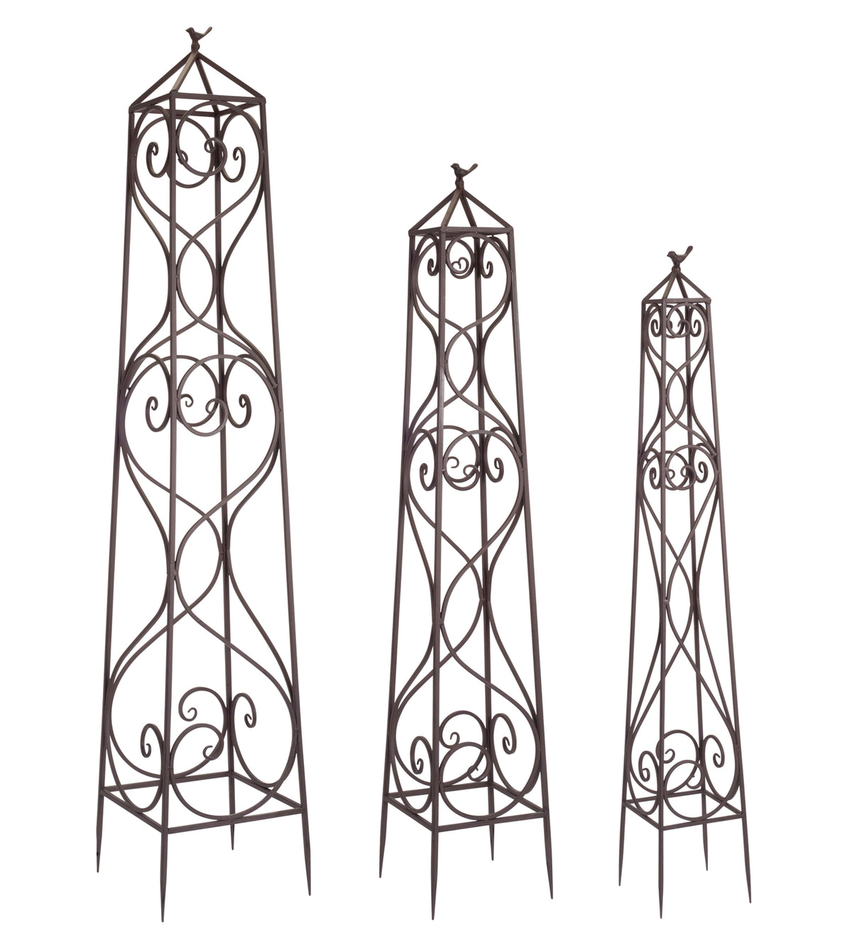 Ornate Metal Garden Trellis with Bird Accent (Set of 3)