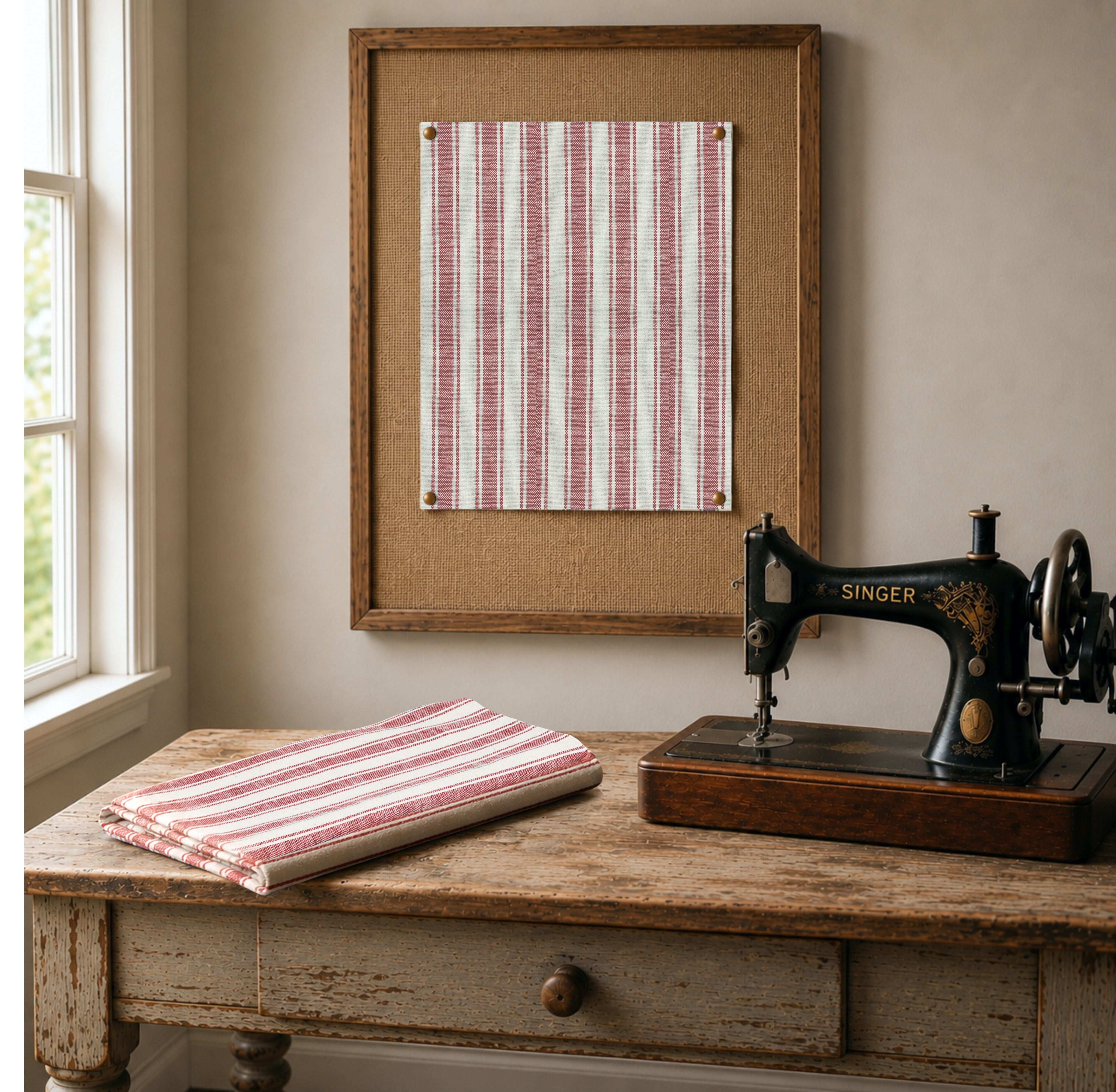 Market Place Red Ticking Stripe Fabric 1yd #1 110 Width