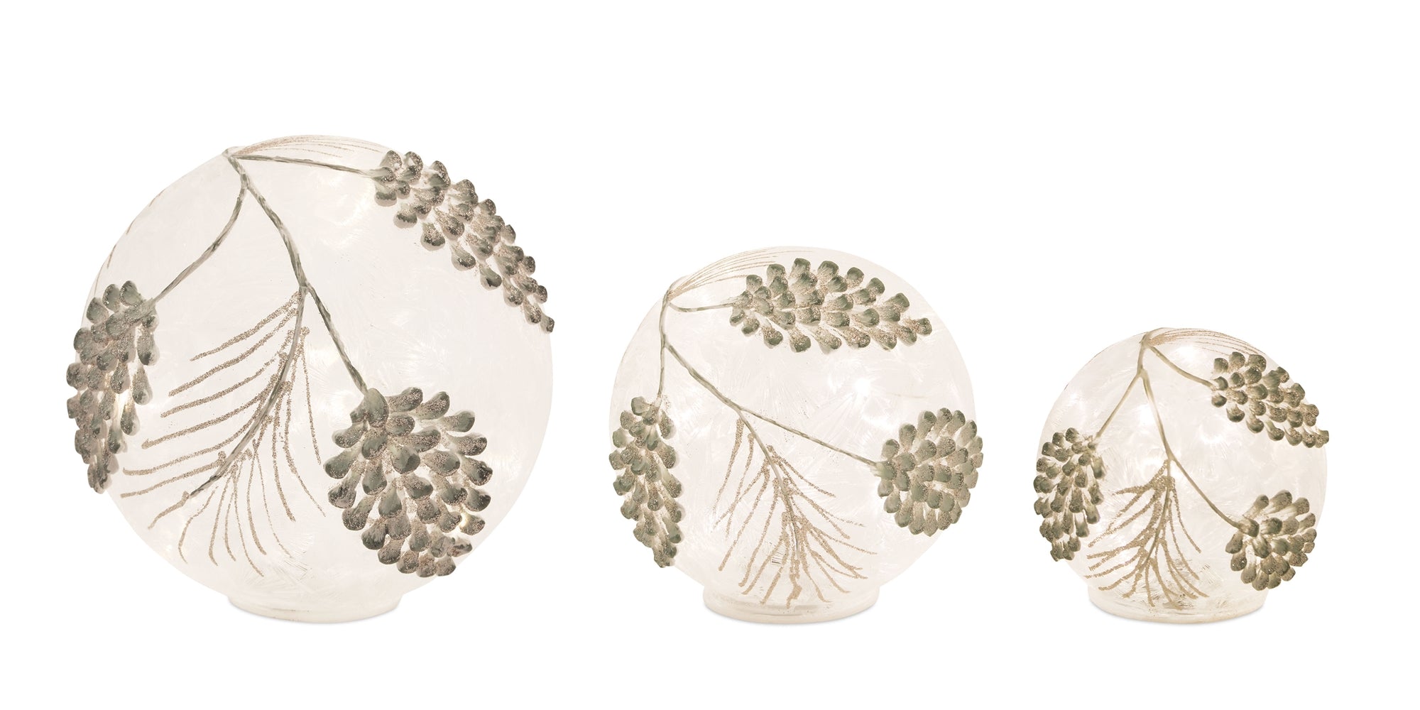 LED Pine Cone Globes w/6 Hr Timer (Set of 3) 4.25"H, 6"H, 8"H Glass (Requires 3 AAA Batteries, Not I