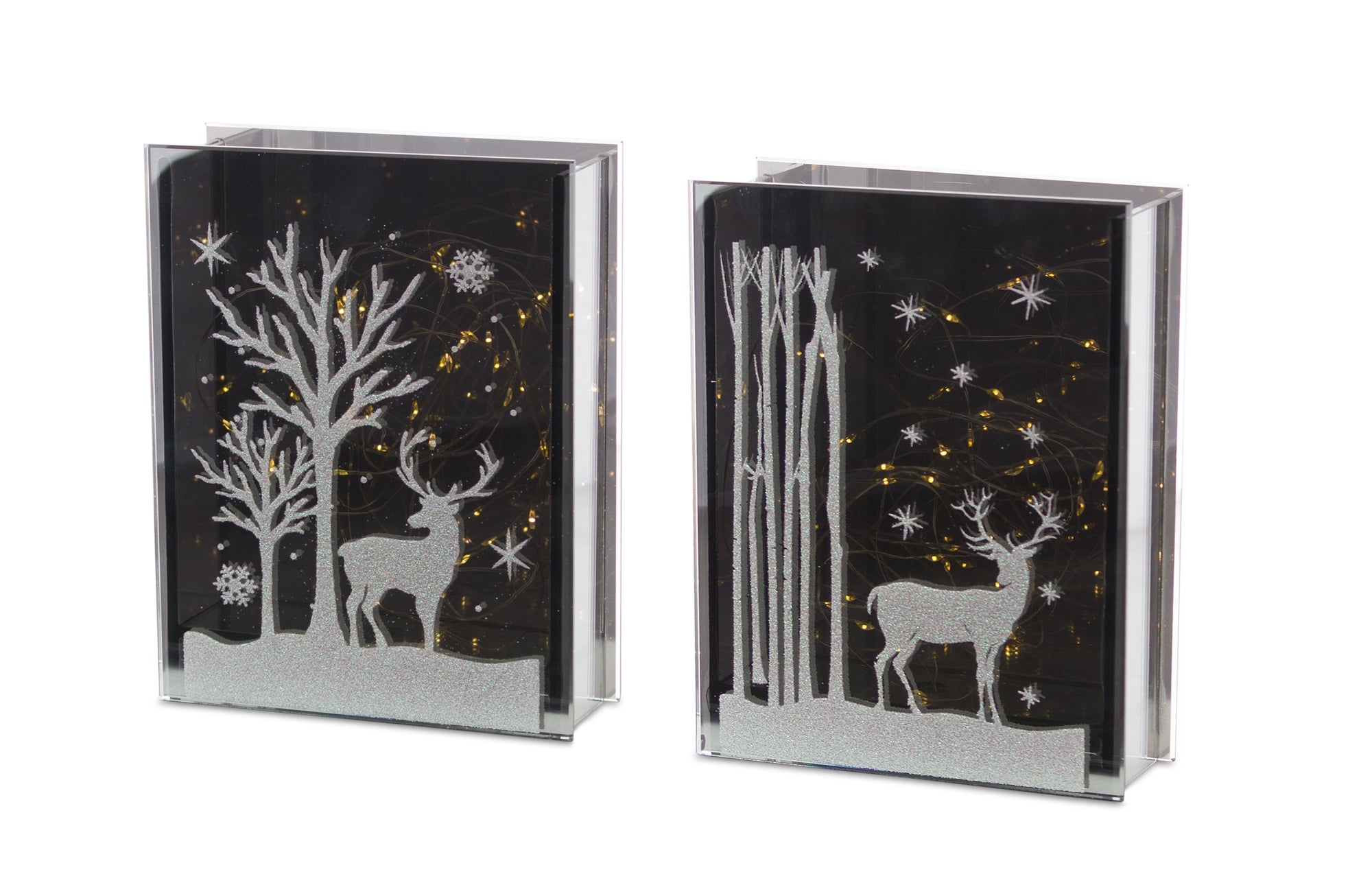 LED Deer and Tree Table Piece w/6 Hr Timer (2 Asst) 7”H Glass (Requires 2 AA Batteries, Not Included