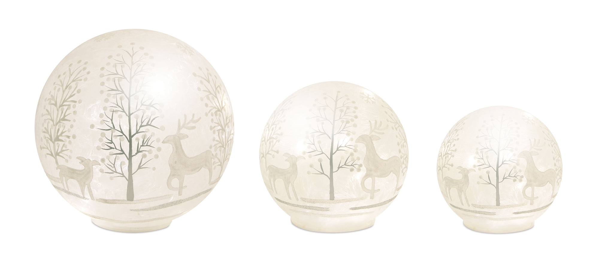 LED Deer and Tree Globe w/6 Hr Timer (Set of 3) 4.25"H, 5.5"H, 7.75"H Glass (Requires 3 AA Batteries