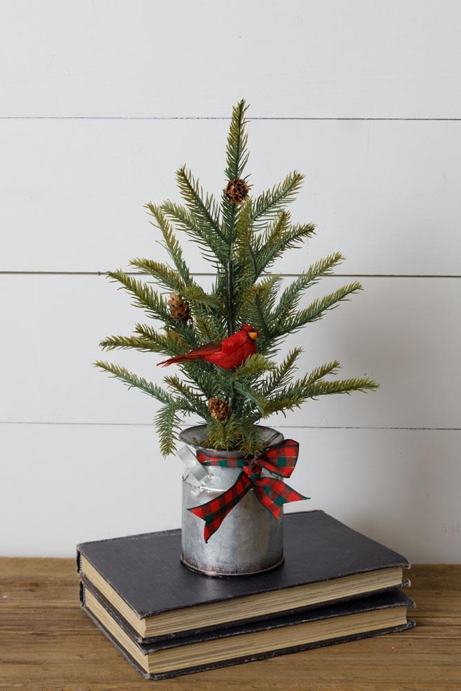 Evergreen Tree in Metal Pot w/ Cardinal