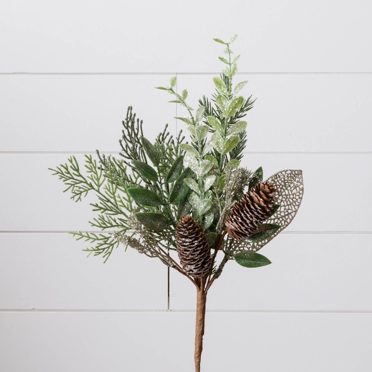 Glittered Winter Greens w/ Pinecones Pick