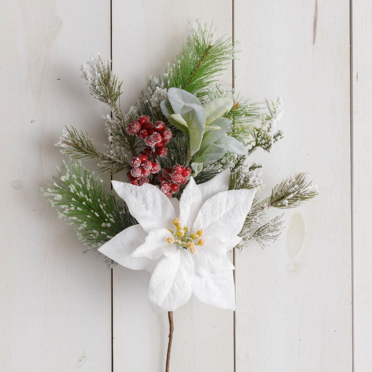 Flocked Evergreens & White Poinsettias Pick